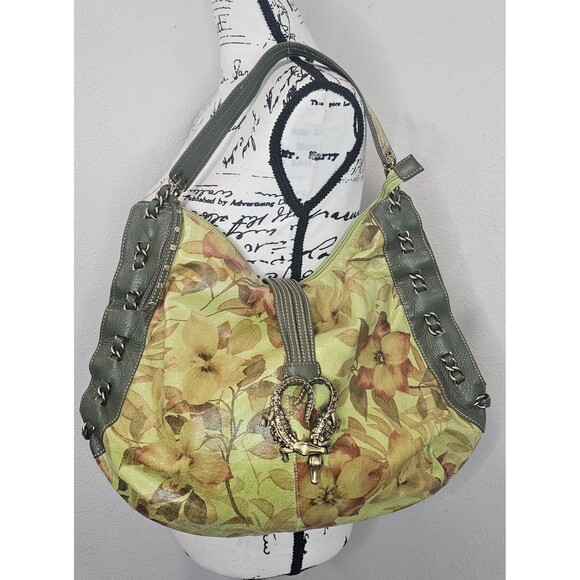 Vtg Sharif Studio Botanical Green Yellow Leather Hobo Bag Alligator Chain Accent - Picture 1 of 16